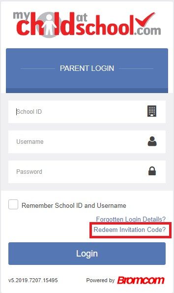 Screenshot of the parent login page on the mychildatschool.com website.