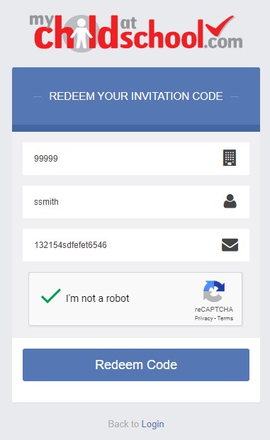 Screenshot of the page to redeem your invitation on the mychildatschool.com website.