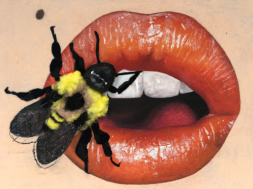Close up of a mouth with red lipstick and a bee sitting on the left hand side