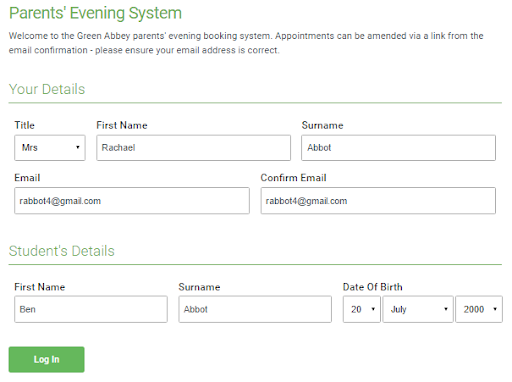 Screenshot demonstrating how to book event appointments using SchoolCloud. Step 1.