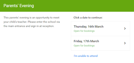 Screenshot demonstrating how to book event appointments using SchoolCloud. Step 2.