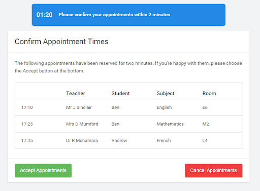Screenshot demonstrating how to book event appointments using SchoolCloud. Step 5a.