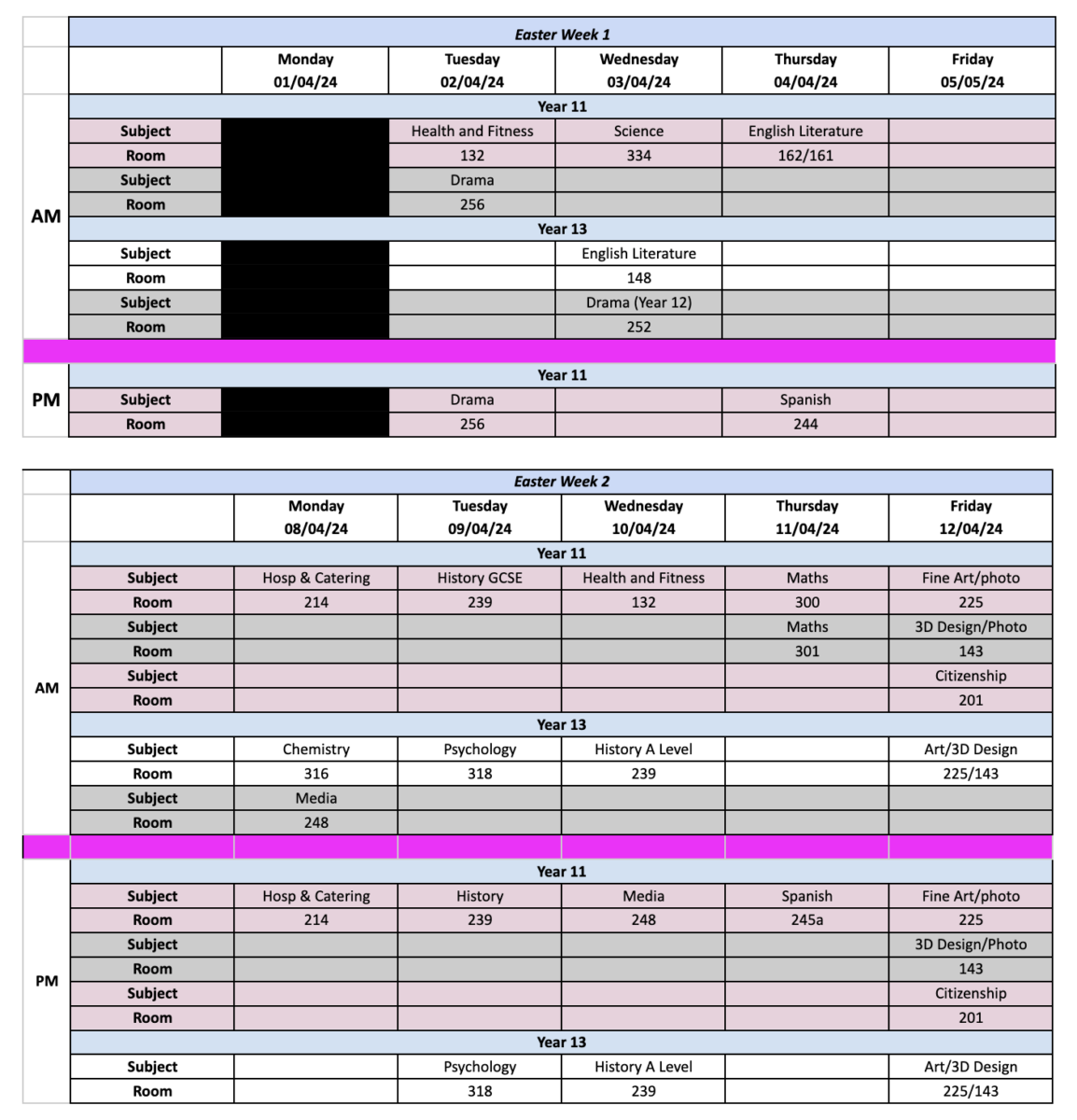 Year 11 and 13 Intervention Schedules