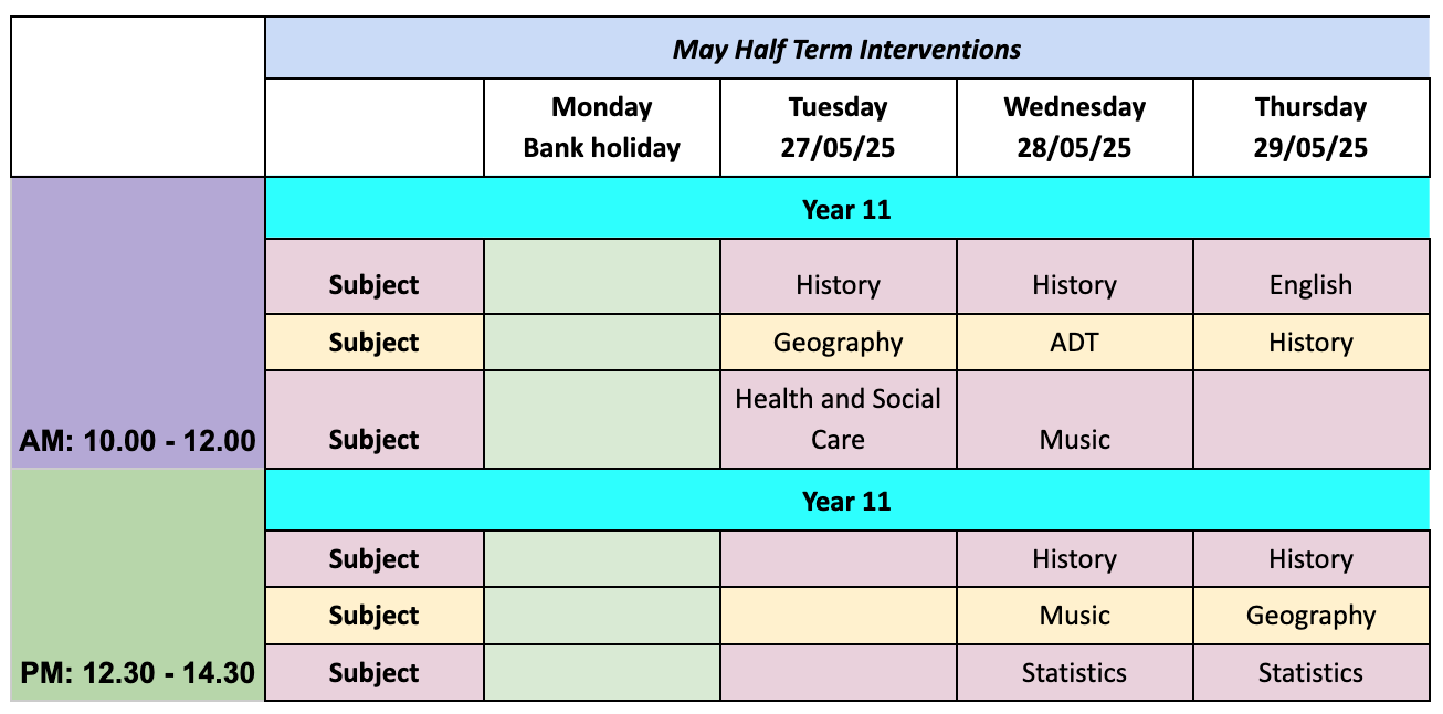 half term interventions schedule